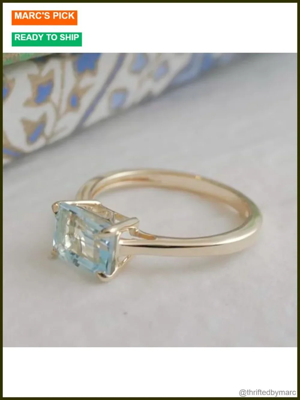 Blue Topaz Baguette Ring 925 Sterling Silver Gold Plated December Birthstone